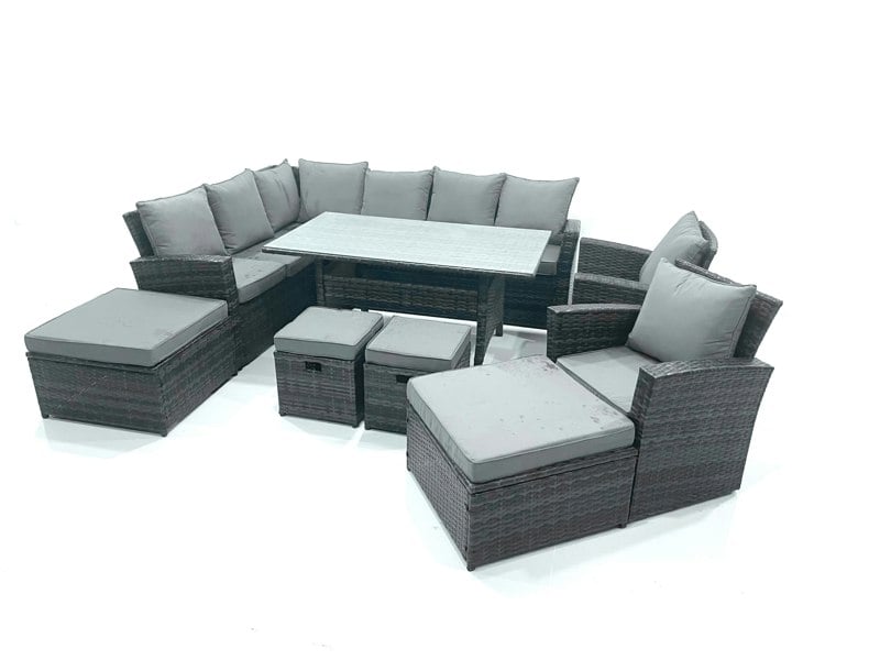 Fimous Outdoor Furniture Garden Dining Set Rattan Corner Sofa Set with 4 Footstools 2 Armchairs Dark Grey Mixed