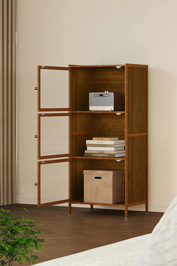 Living and Home Versatile 3-Tier Bamboo Storage Cabinet Bookcase Bookshelf Storage Rack w/ Doors