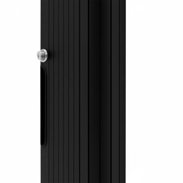 Sleek black Tambour shower door featuring vertical slats and a modern handle, perfect for contemporary bathroom designs