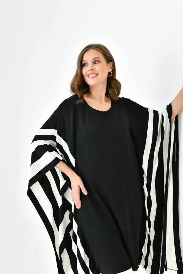 Hoxton Gal Oversized Wide Sleeve Tunic Dress with White Stripe Details in Black