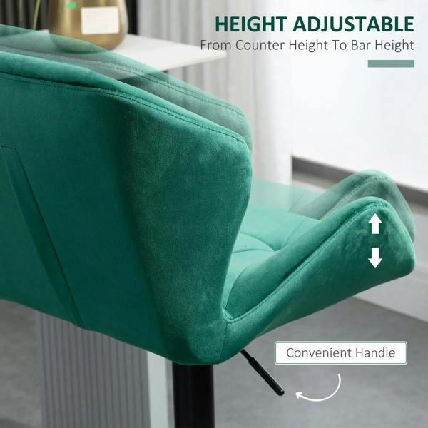Green velvet bar stool armrest detail with height-adjustment handle and black metal stem