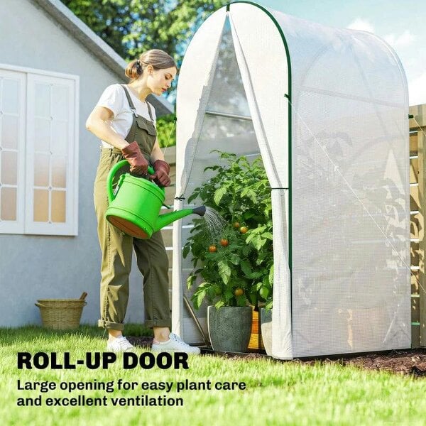 Bobobiy Mini Greenhouse, Portable Green House with Roll-Up Door, PE Base, Small Greenhouse, 100 x 100 x 195 cm, White