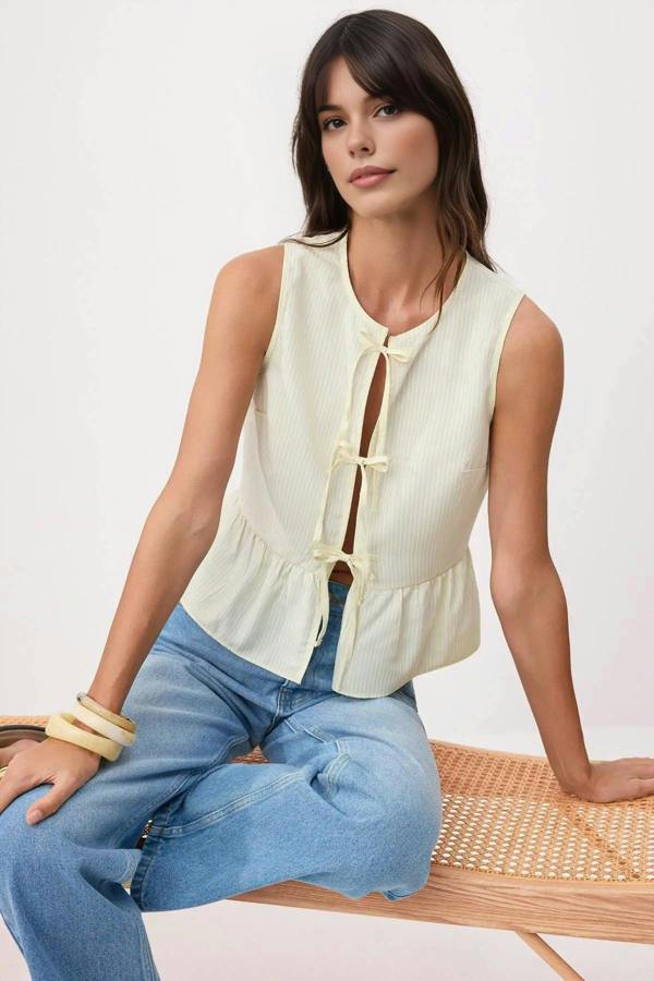 Striped Tie Front Sleeveless Woven Blouse