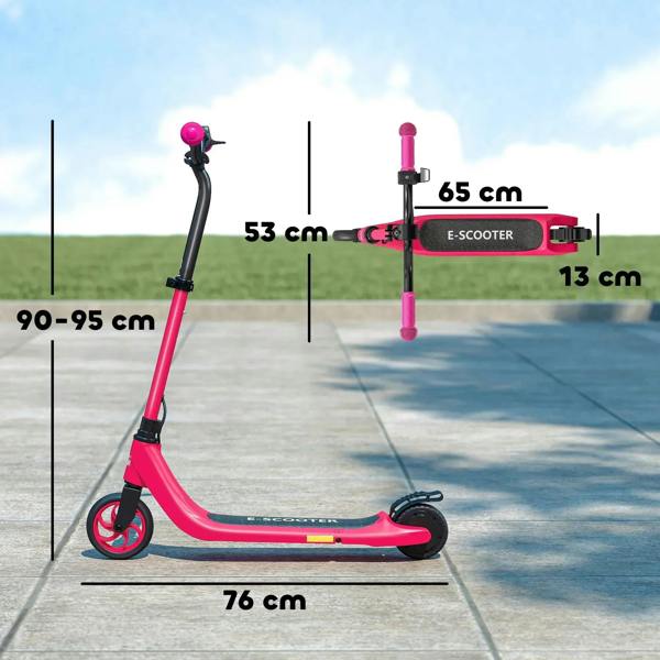 Pink foldable electric scooter with black deck and front wheel, side profile