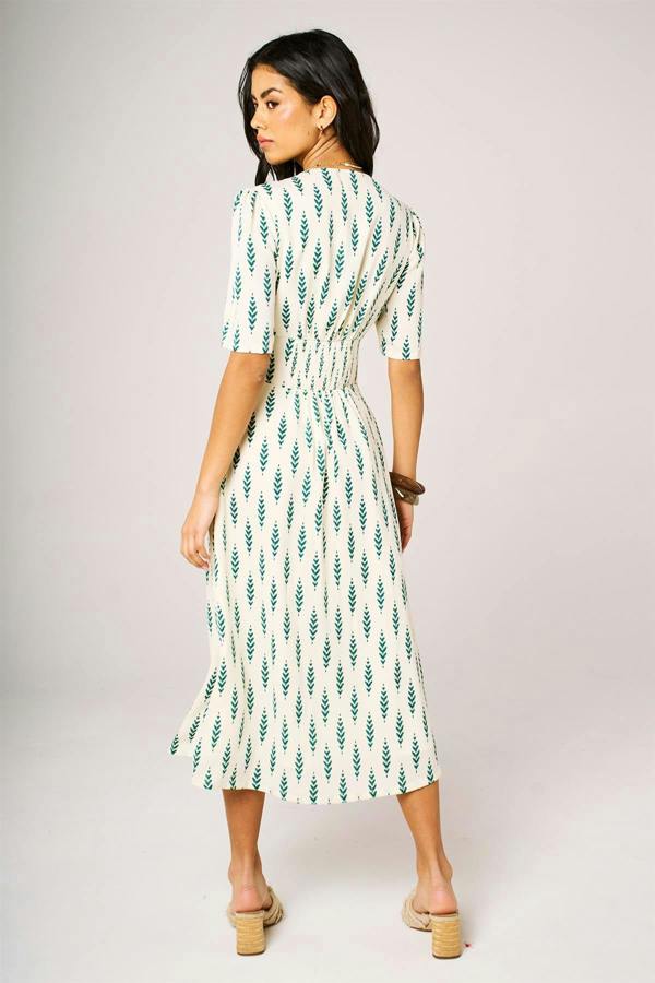 FS Collection Green Leaf Print Button Front Midi Dress In White