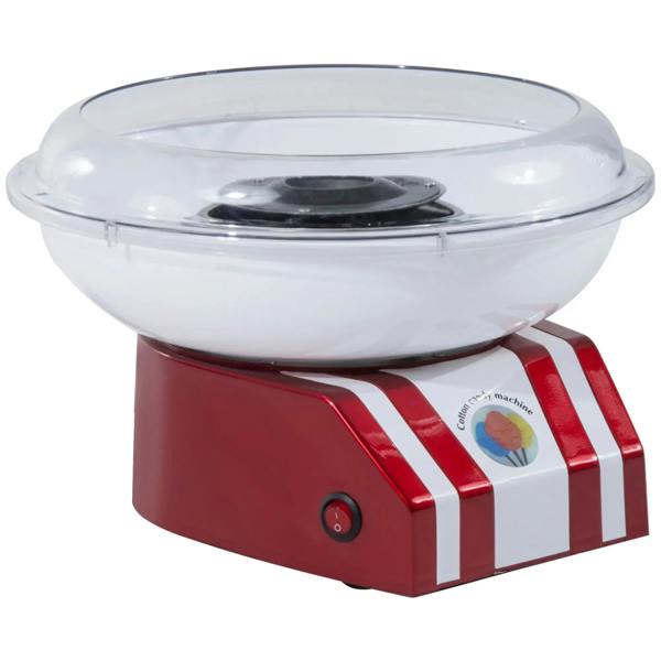 Red and white retro cotton candy machine with clear dome and black heating plate