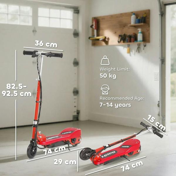 Red electric kids scooter with long stem and front wheel