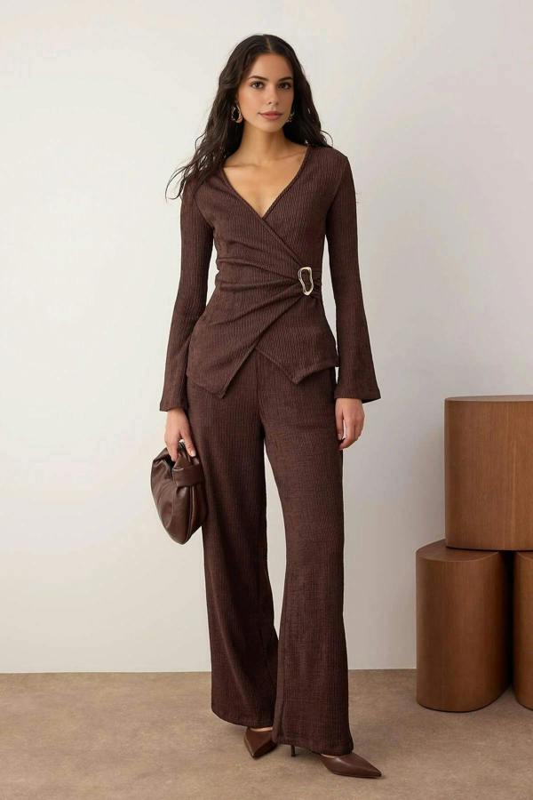 WOVCOR Wrapped Fitted Textured Knit Bottom & Top Set with Accessory Detail