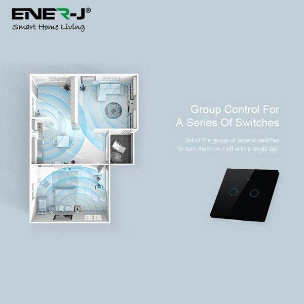 ENER-J No Neutral Wire Smart Switch – 2 Gang WiFi Switch, Alexa Compatible, Black UK Glass Panel