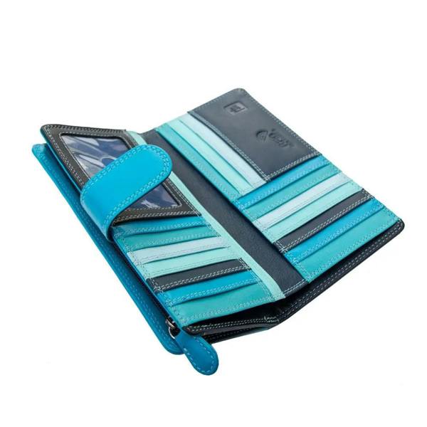Blue bifold purse with card slots on a white background