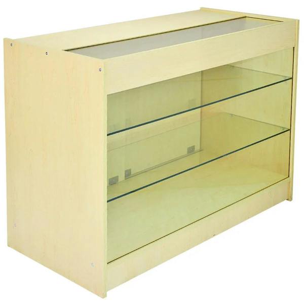 Comet Counter Set features a light wood finish with a glass display top and two glass shelves for showcasing products