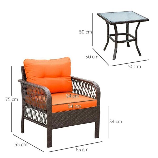 3 Pieces Rattan Bistro Set with Glass Top Coffee Table, Chairs and Cushions for Outdoor, Patio, Balcony, Orange