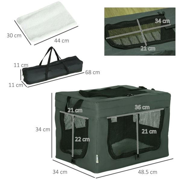 Grey foldable pet carrier with cushion, showing dimensions and included cover bag