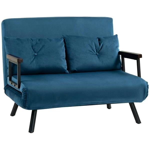 Blue velvet-feel double sofa bed with two tufted back pillows and tapered black legs
