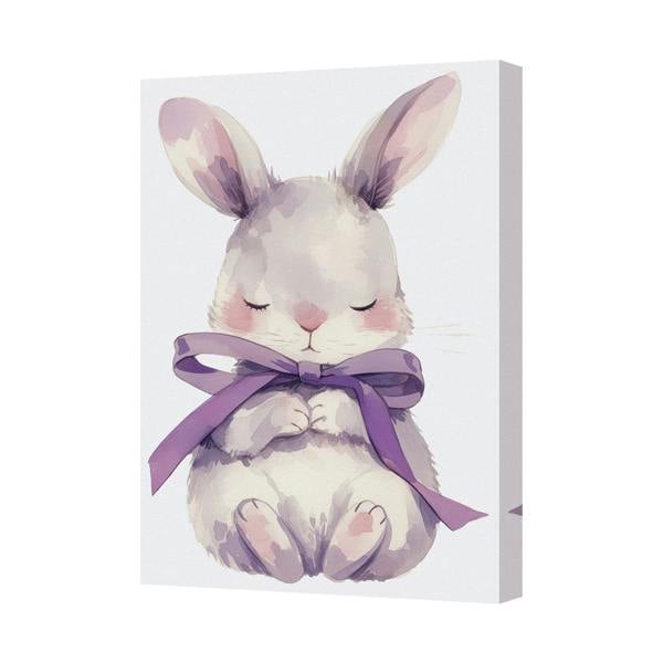 Benjamin Tate Design Cute Bunny Canvas Wall Art With Purple Ribbon Whimsical Pastel Decor