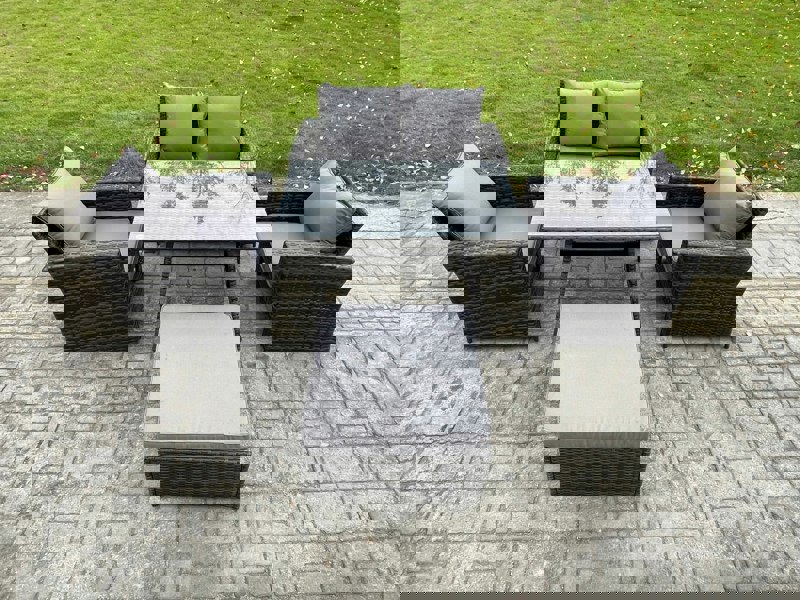 Fimous Outdoor Garden Furniture High Back Rattan Sofa Dining Table Set with Big Footstool Dark Grey Mixed
