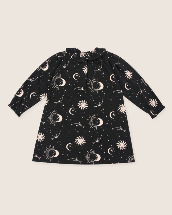 organic cotton Black Celestial Print Ruffle Neck Dress- image 7