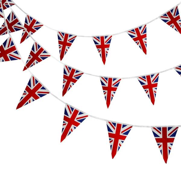 Union Jack flag bunting in vibrant red, white, and blue, featuring triangular flags strung along a white cord, perfect for celebrations