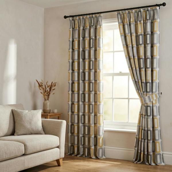 Soho made-to-measure curtains in Ochre, styled in a living room