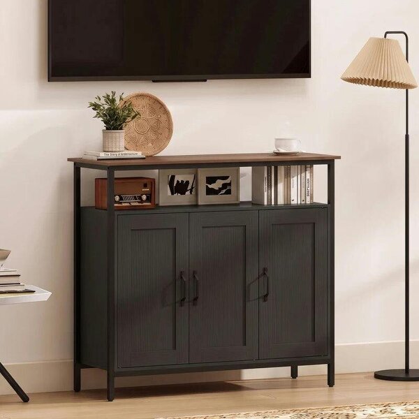 Industrial Kitchen Sideboard with Open Shelf, 2 Cabinets, Adjustable Shelves for Living Room, Dining Room, Black
