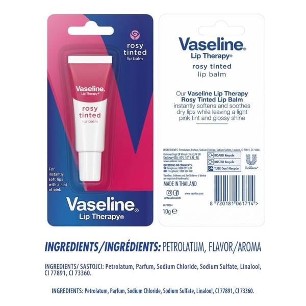 Vaseline Lip Therapy Rosy Tinted Lip Balm Pocket Tube 10g Pink Hint, 4 Pack