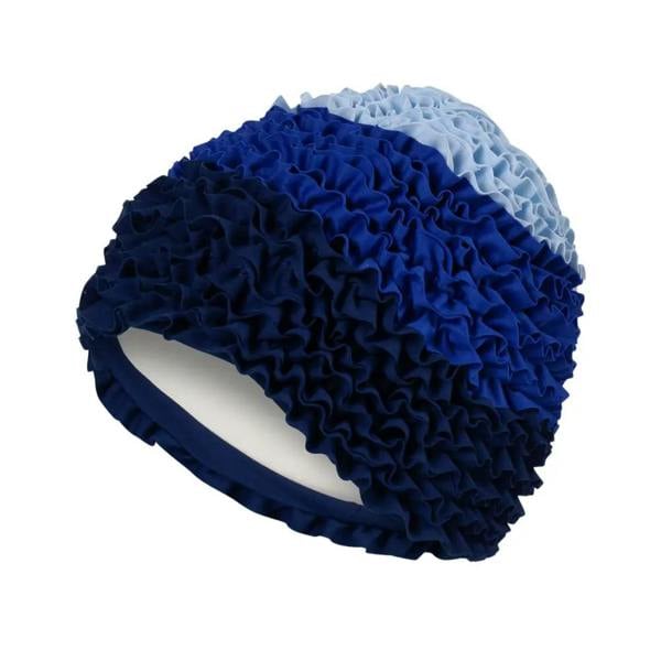 Navy blue Fashy Frilly Swim Cap with ruffles and white accents