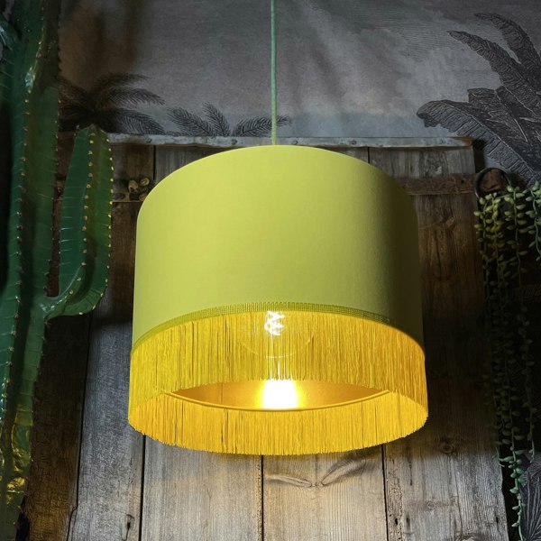 Love Frankie banana cotton lampshade gold lining and fringing light on