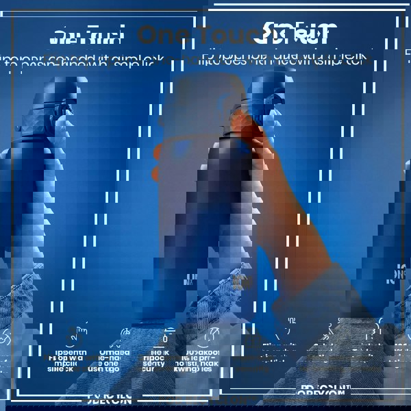 A blue water bottle is being held; its flip top opens one-handed. The context is a product advertisement highlighting ease of use and leakproof design. "One Touch. Flip top opens one-handed with a simple click. ION8. POD RECYCLON™."