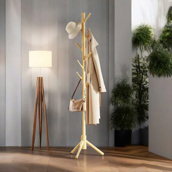 Rafaelo Mobilia Wooden Coat Stand Stand With 8 Hooks Natural Brown