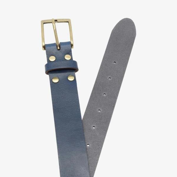 Top angle view of Blue leather belt with gold buckle on a white background