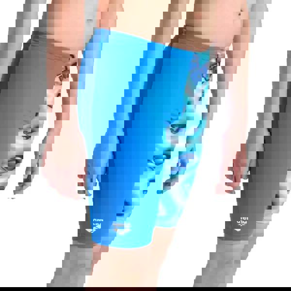 Boys logo graphic swim jammer with blue white ice cube trunks