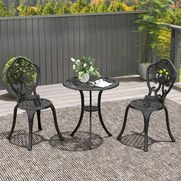 Three-Piece Aluminium Floral Bistro Set - Black - Black
