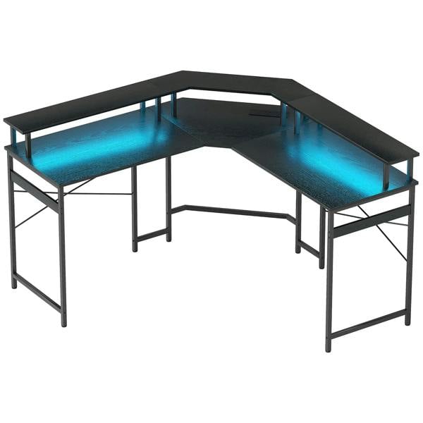 Black L-shaped work desk with LED light strips along the edges