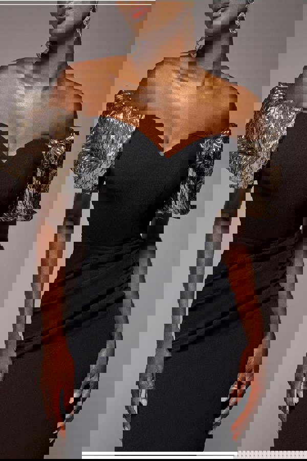 Jacquard Puff Sleeve Sweetheart Scuba Maxi Dress - Black DR4819