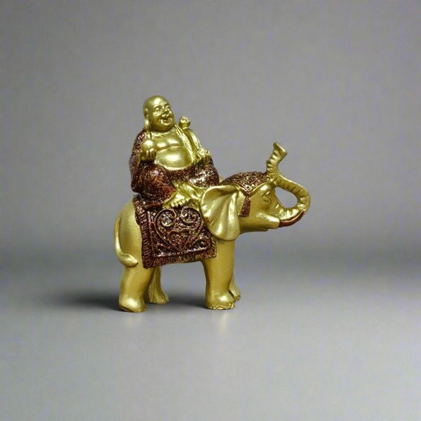 Yorkshire Bonsai Lucky Buddha On Elephant | Brushed Wood Effect Resin Figurine