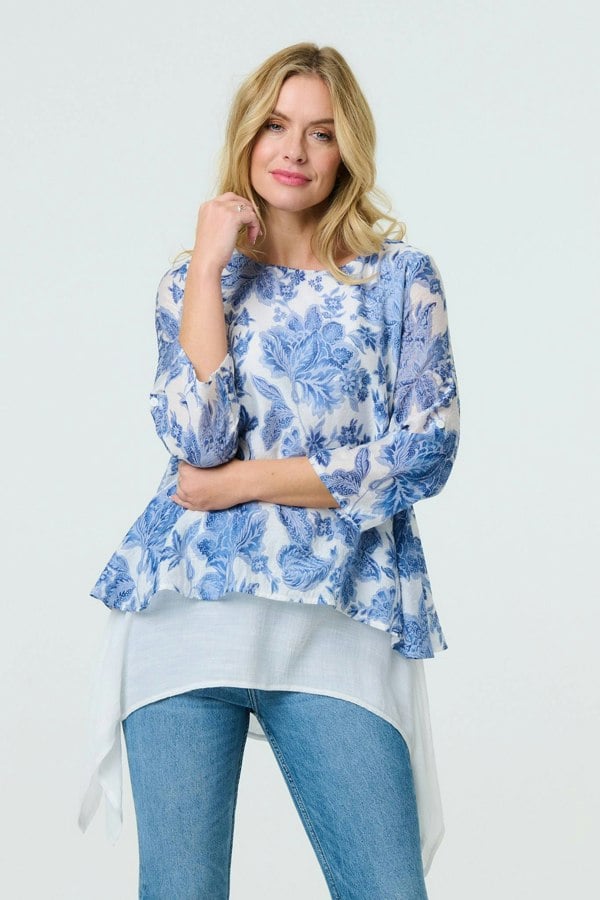 Blue | Floral 3/4 Sleeve Layered High Low Tunic
