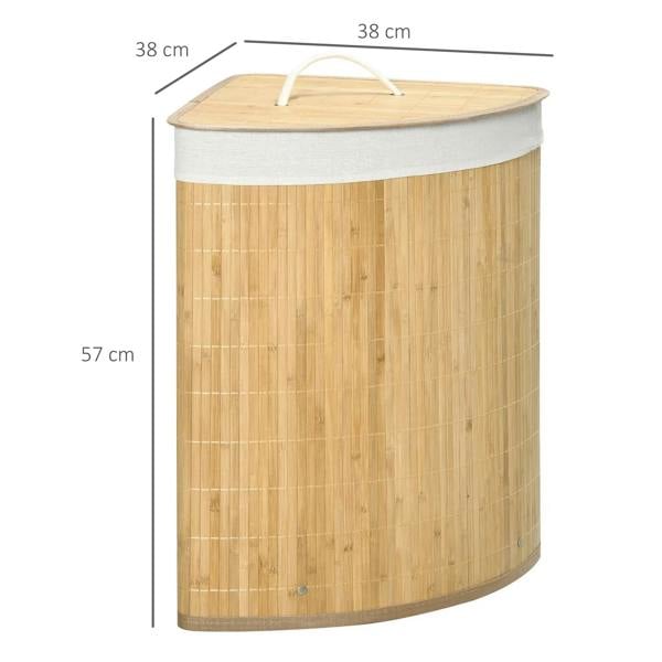 Corner bamboo laundry hamper with lid, curved handle and white lining, size shown.