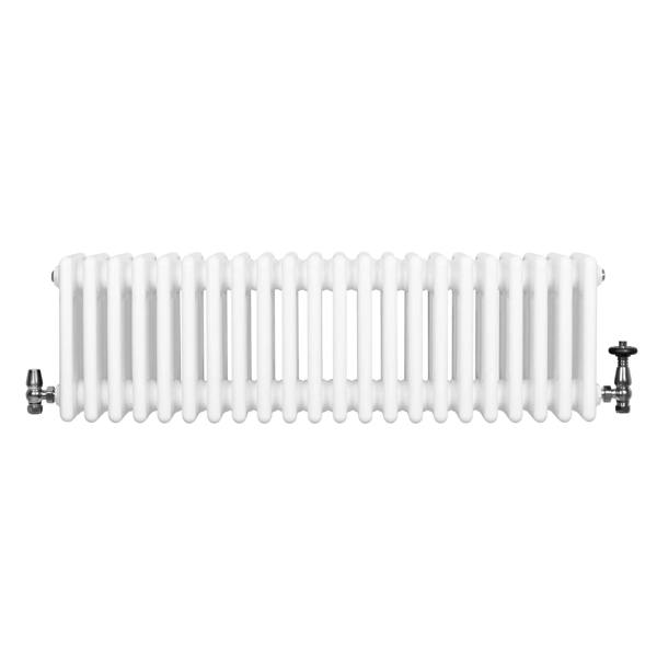 Traditional white 4 column radiator with a smooth finish, featuring polished metal valves on each end for efficient heating