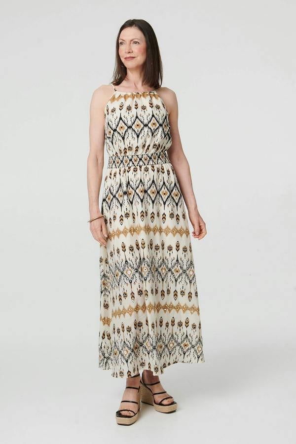 White | Printed Sleeveless Ruched Maxi Dress