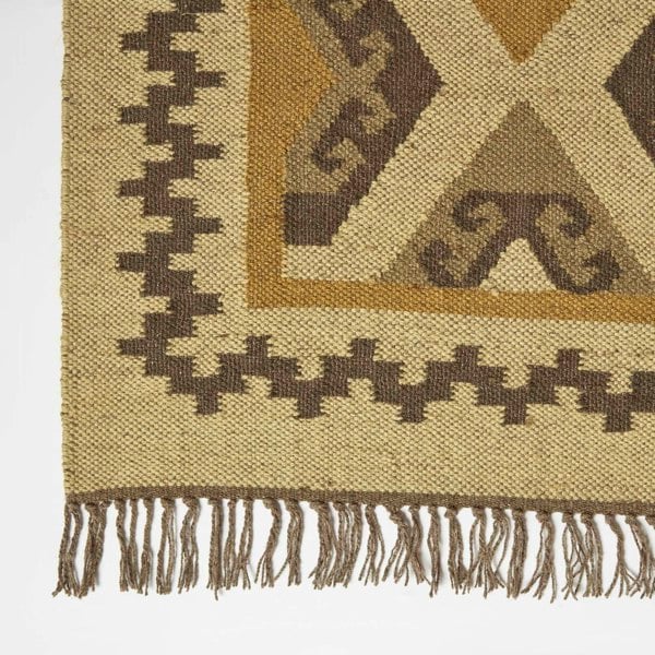 HOMESCAPES Ravar Brown & Gold Kilim Wool Rug