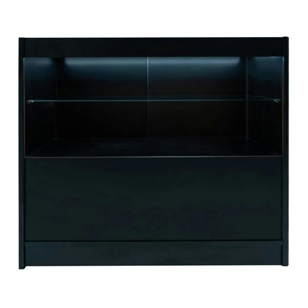 Black Selene LED shop counter set with sleek design, featuring a glass shelf and illuminated display area for showcasing products
