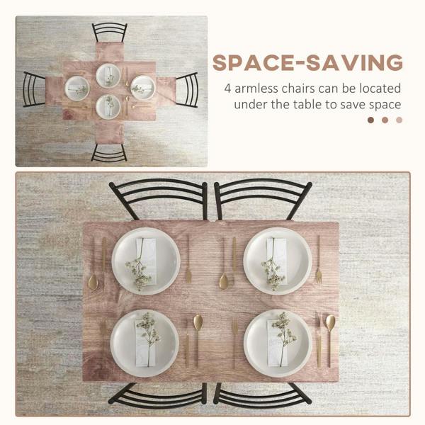 Dining table and chairs set showing four armless chairs fitting around the tabletop