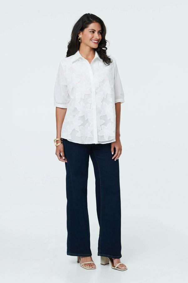 White | Floral 1/2 Sleeve Embroidered Shirt