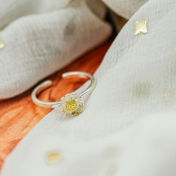 The Colourful Aura Silver Sunflower Daisy Tiny Slim Adjustable Floral Stackable Ring