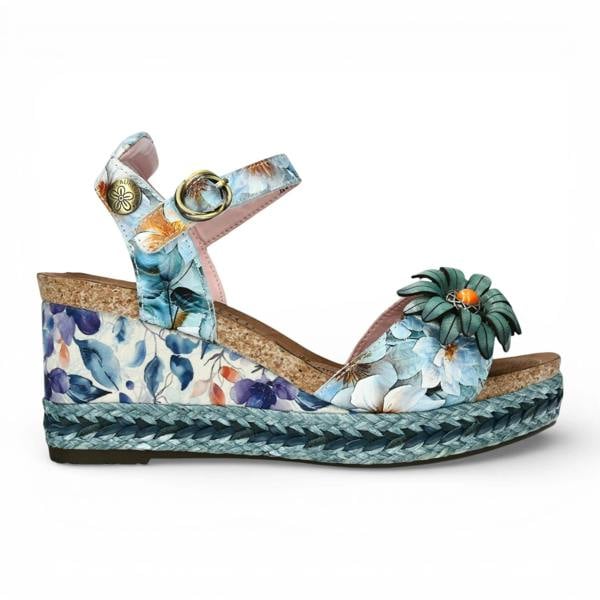 Laura Vita Facyo 75 - Women's Blue Floral Leather Wedge Sandals