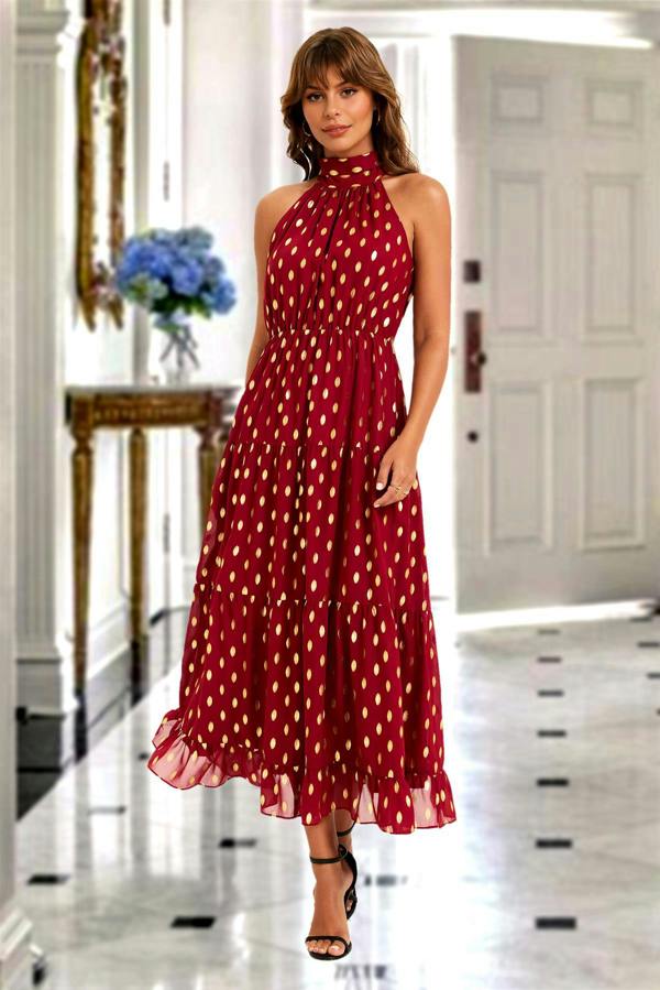 FS Collection Gold Foil Halter Neck Tie Back Midi Dress In Wine