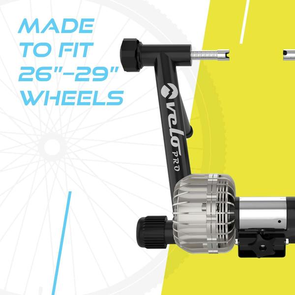 Black Velo Pro Fluid Turbo trainer with adjustable arm, designed for 26"-29" wheels, featuring a sleek metallic finish and sturdy construction