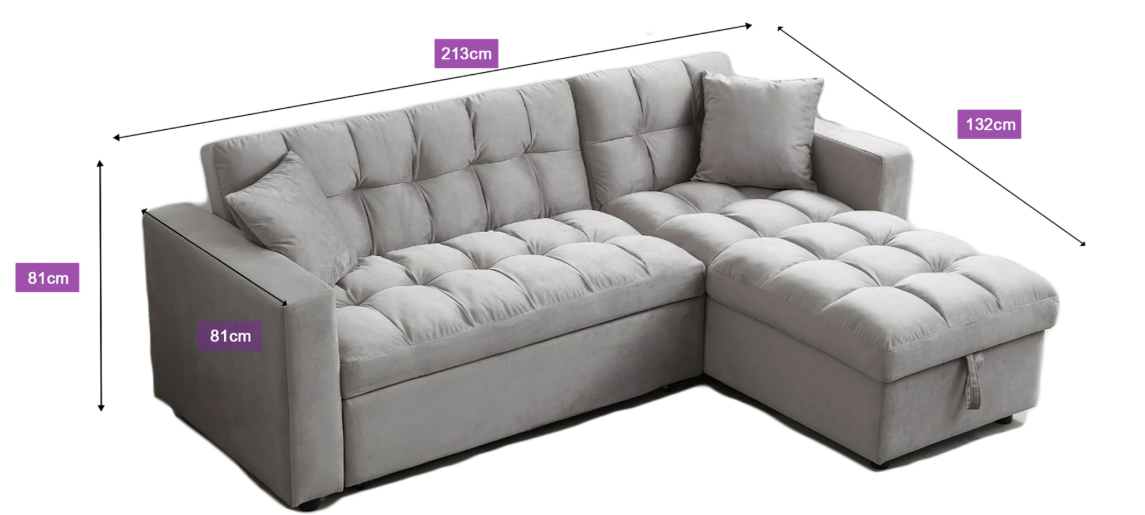 SQUAREBOXX Madrid Velvet 3 Seater Pullout Sofa Bed in Grey with Reversible Storage Chaise