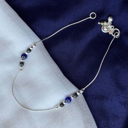 The Colourful Aura Pure Silver Beaded Evil Eye Nazar Payal Anklet with Charm Cluster