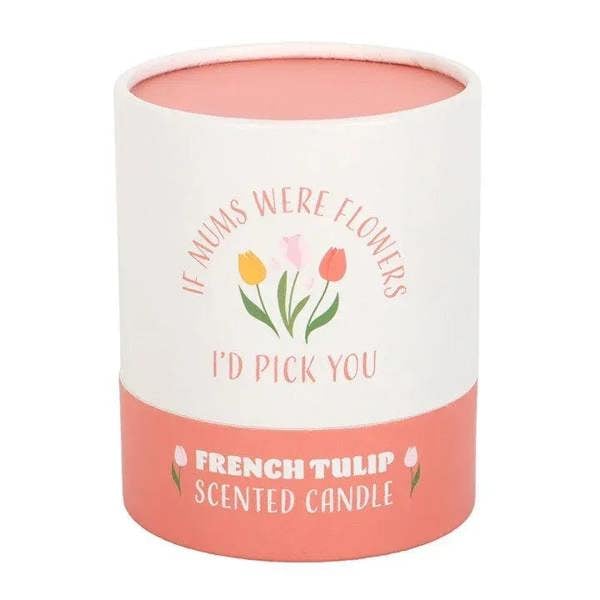 French tulip scented candle with tulip quote on white label and blush bottom band